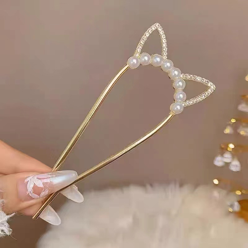 髪飾り成人式 パール  U型かんざし 簪  猫耳 結婚式 卒業式 留袖 夜会巻き ヘアピン おしゃれ かわいい
