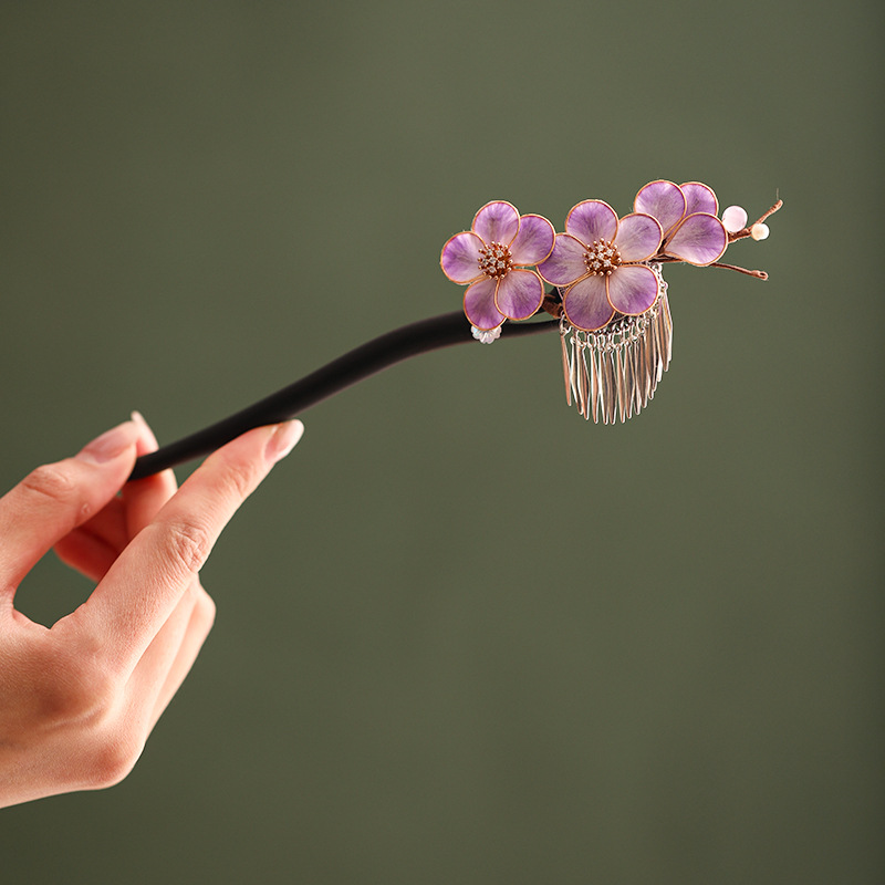 かんざし 一本簪 紫ビロード花  天然檀木 和風 髪飾り ヘアピン 普段使い 成人式 留袖用