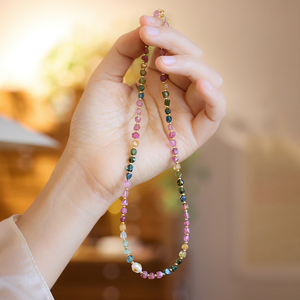 高品質 天然石 トルマリン ネックレス  マルチカラー 電気石 淡水パール レディース ジュエリー