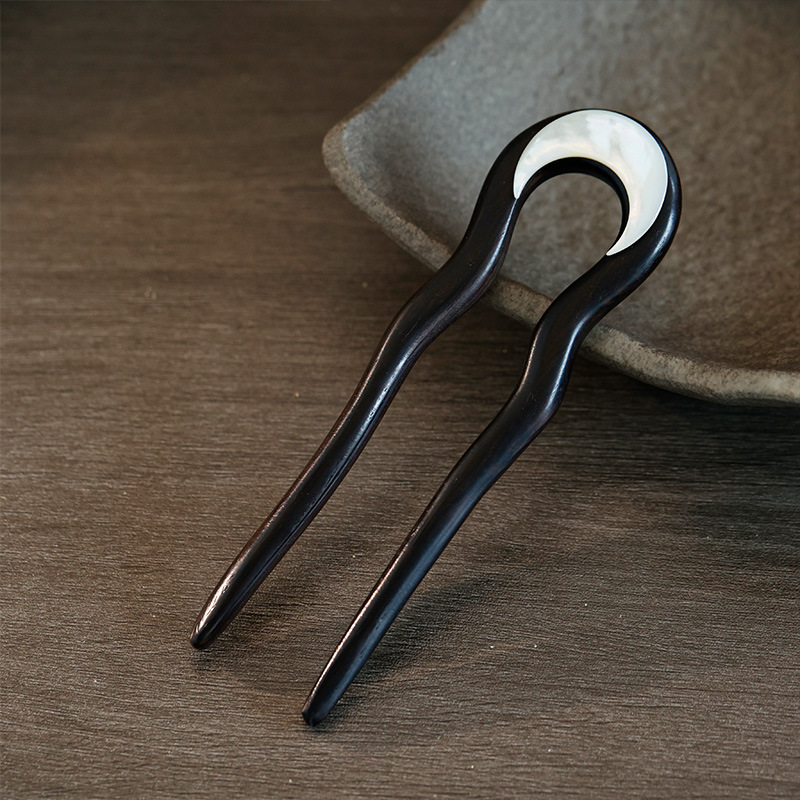  黒壇木 かんざし u字型 簪  天然木 貝の月 和装 髪飾り 普段使い 結婚式