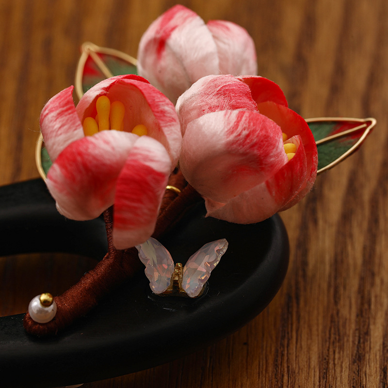 黒檀木 かんざし 椿の花 U字型 簪 和風 普段使い 成人式 着物 クラシカル 上品  髪飾り