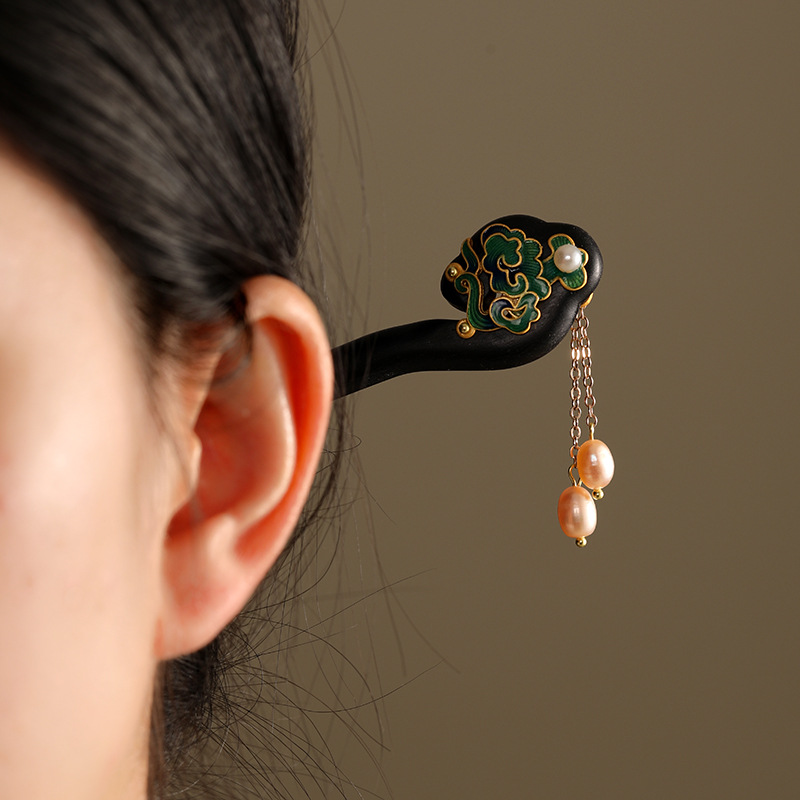 黒檀 かんざし 天然木 簪 雲柄 パール ヘアピン 和風 着物 浴衣 結婚式 パーティー 髪飾り