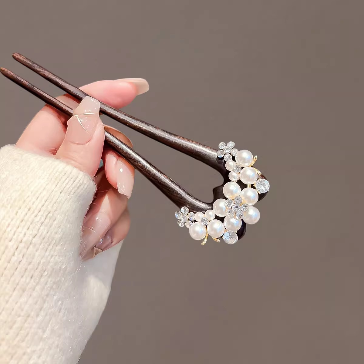 黒檀木 U字型 かんざし 簪 天然木 パール 髪飾り 和装 浴衣 着物 お守り