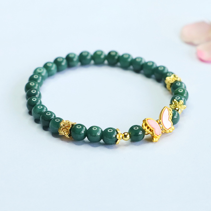本翡翠ブレスレット ひすい ジェイド 6mm 蝶モチーフ レディース 天然石 ブレスレット パワーストーン 幸運