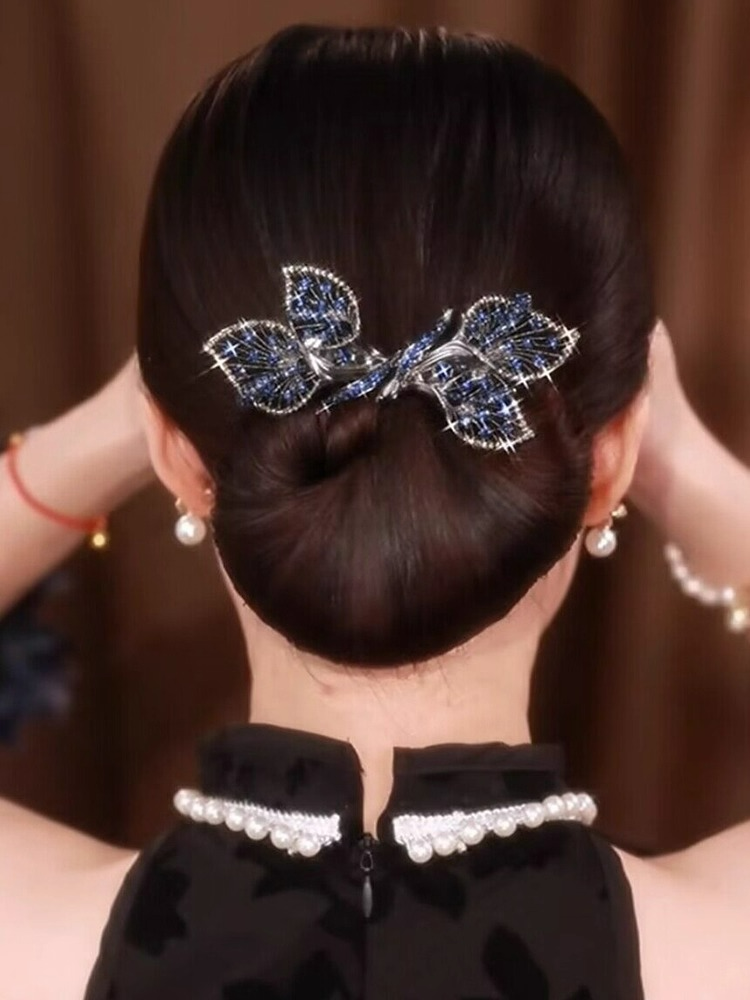  ヘアクリップ ワイヤー入り ツイストバー ラインストーン 葉  お団子ヘア 髪飾り まとめ髪  ヘアアクセサリー