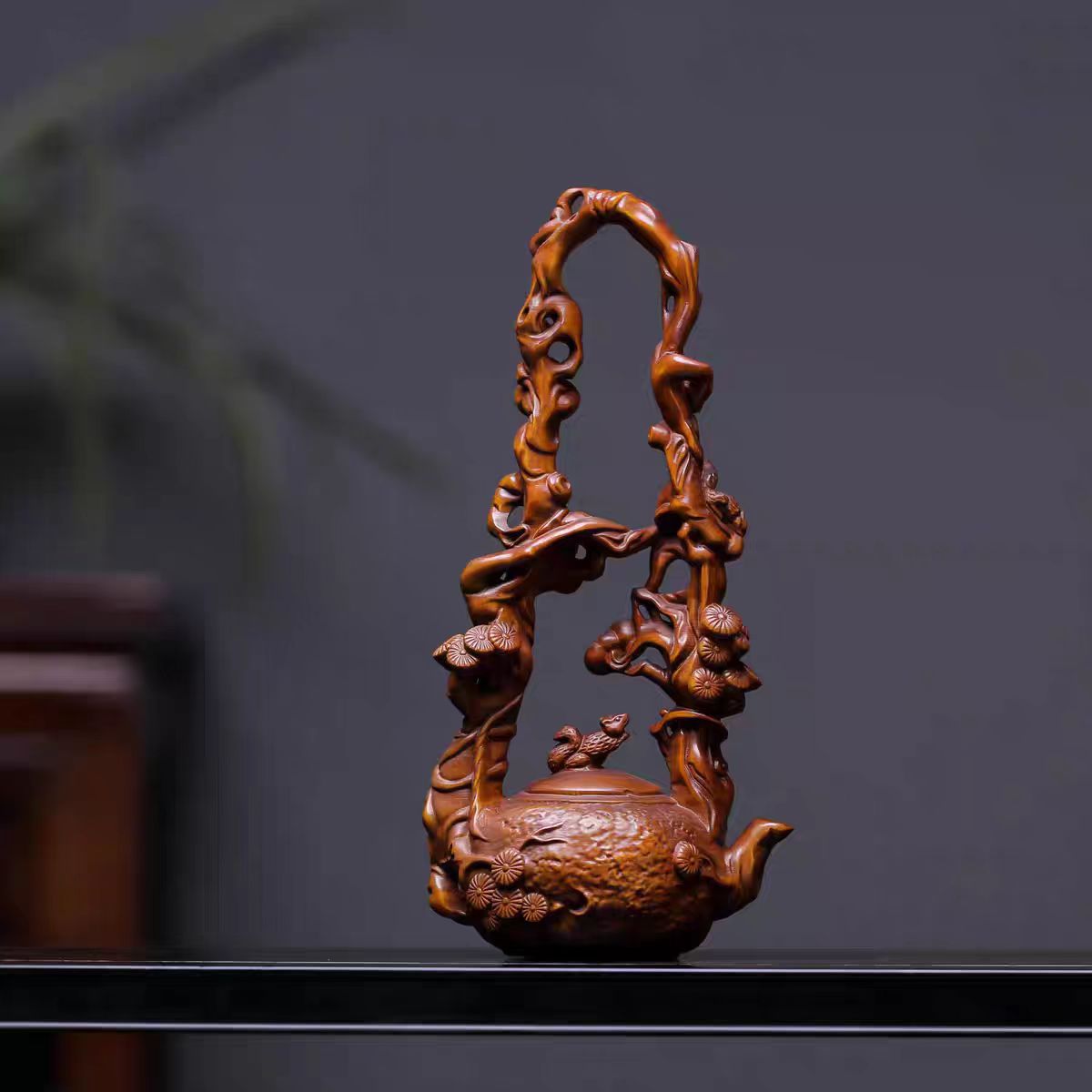 柘植 ツゲ 茶壷 急須 置物 木彫りオブジェ インテリア 小物 高12cm