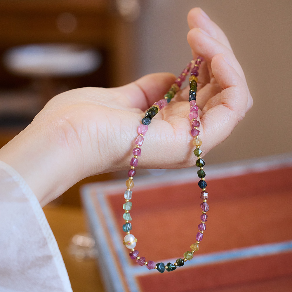 高品質 天然石 トルマリン ネックレス  マルチカラー 電気石 淡水パール レディース ジュエリー