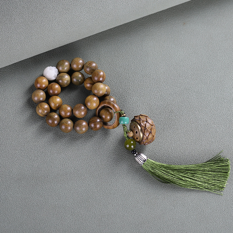 数珠 24玉 緑檀（生命樹） 天然木 白玉菩提の蓮華 蓮の香盒 男性用 女性用 略式数珠