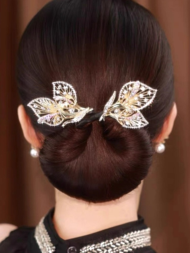  ヘアクリップ ワイヤー入り ツイストバー ラインストーン 葉  お団子ヘア 髪飾り まとめ髪  ヘアアクセサリー