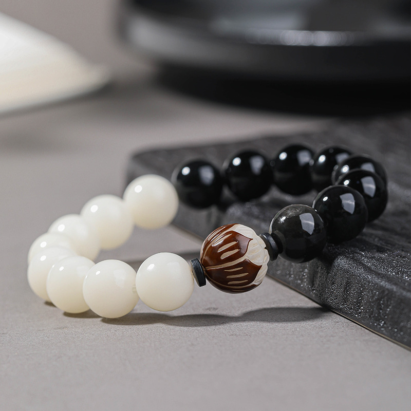 数珠ブレスレット 女性用 男性用 黑曜石 菩提樹 12mm 蓮の花彫り ブレスレット 腕輪数珠 御守り 