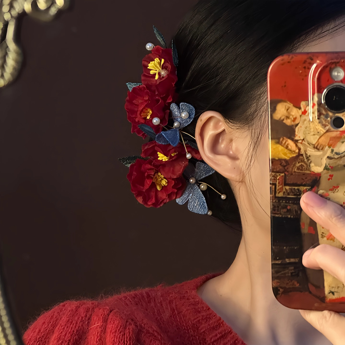 ヘアクリップ  髪飾り 赤 造花 ヘアピ ヘアアクセサリー 成人式 卒業式 和装 花嫁 ヘッドドレス 