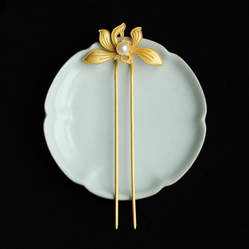  U字 かんざし ゴールド 蘭花 花魁 簪 Uピン パール 髪飾り ヘアアクセサリー 結婚式 入学式 卒業式 成人式 着物