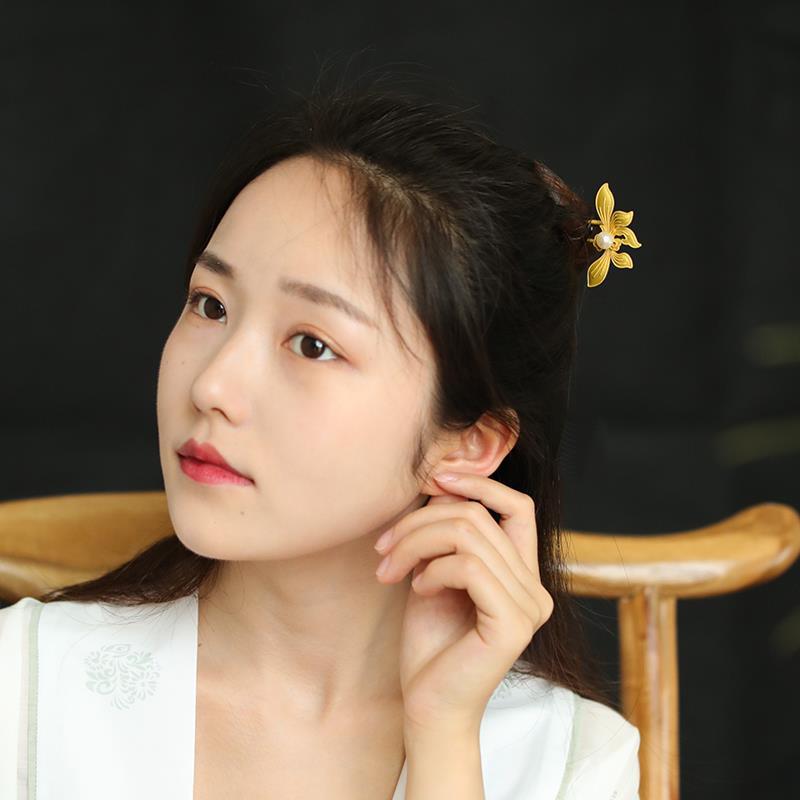  U字 かんざし ゴールド 蘭花 花魁 簪 Uピン パール 髪飾り ヘアアクセサリー 結婚式 入学式 卒業式 成人式 着物