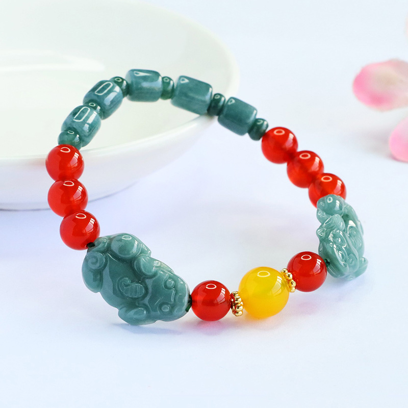 パワーストーン ブレスレット 天然石  本翡翠（ジェイド）貔貅 ヒキュウ 瑪瑙 腕輪ブレスレット 女性用 プレゼント