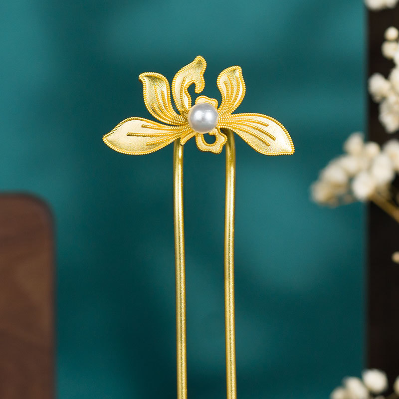  U字 かんざし ゴールド 蘭花 花魁 簪 Uピン パール 髪飾り ヘアアクセサリー 結婚式 入学式 卒業式 成人式 着物