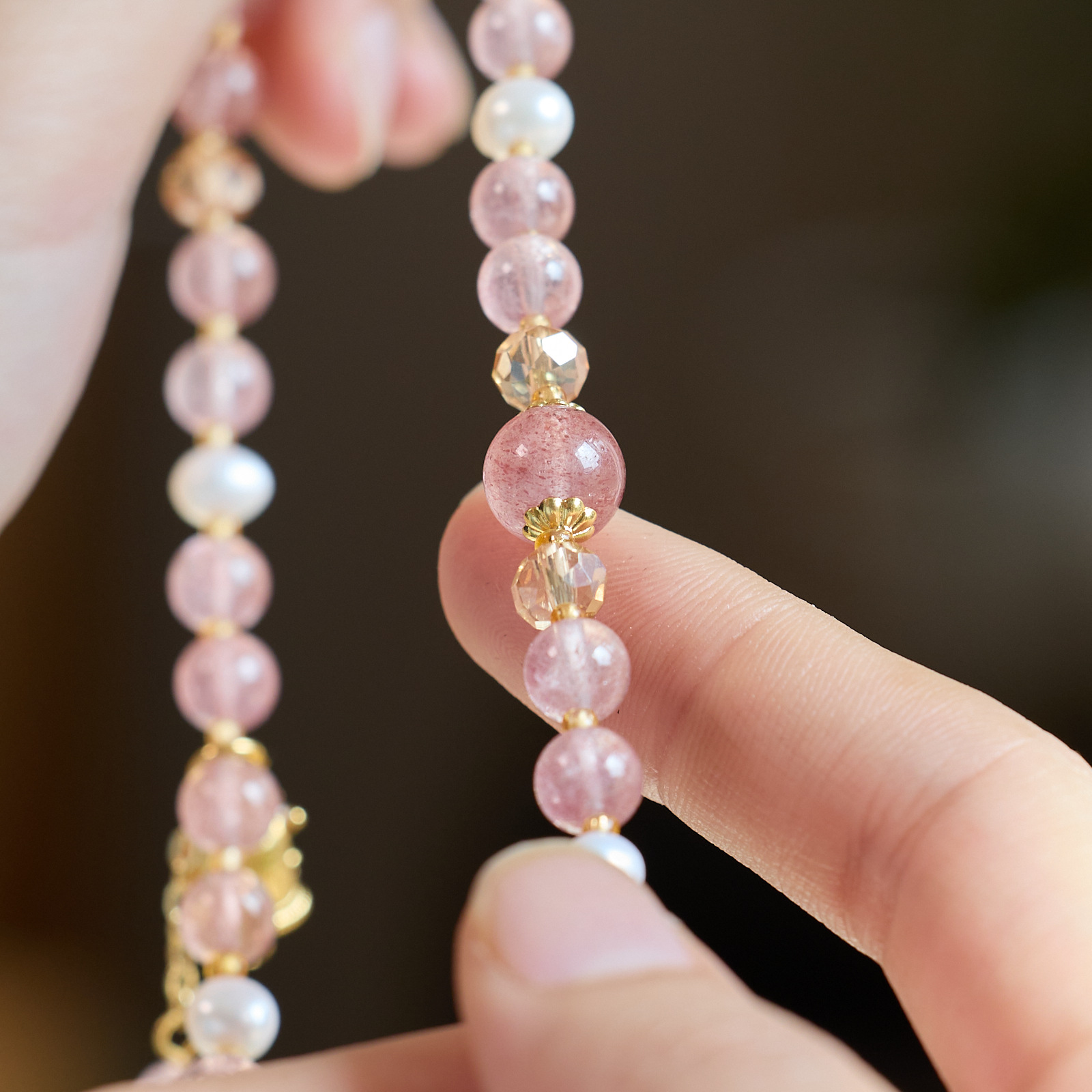 ストロベリークォーツ ブレスレット 6MM パワーストーン 天然石 真珠 2連 苺水晶 アクセサリー   