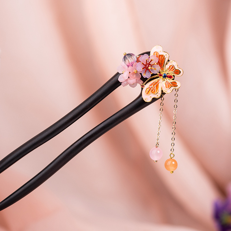 黒檀 U字かんざし 天然木 簪 蝶々 花飾り 成人式 髪飾り まとめ髪 和風 着物  