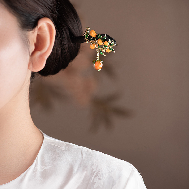 黒檀木 かんざし 簪 天然木 琉璃の柿 一本 レディース 髪飾り 普段使い 和風