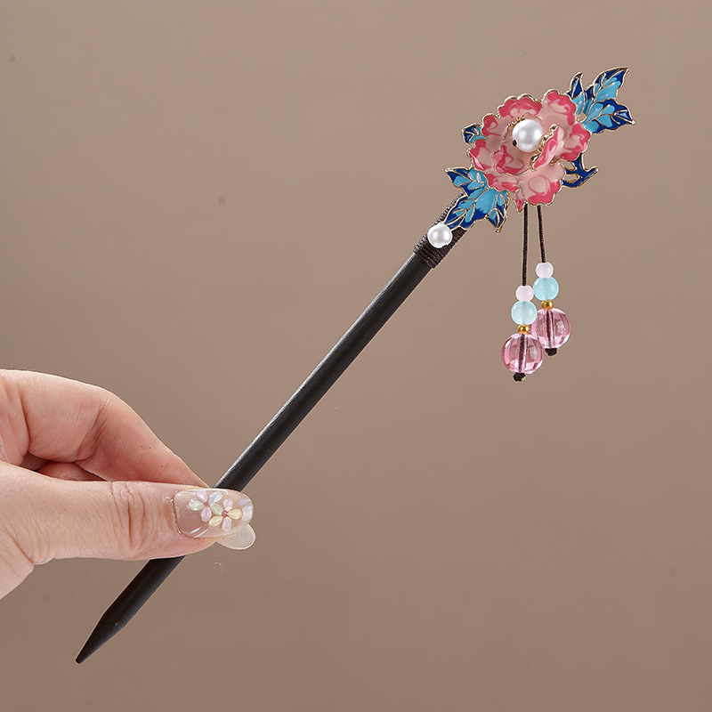 木製かんざし 木簪 七宝焼き 牡丹 かんざし  花飾り 一本差し普段使い 結婚式 