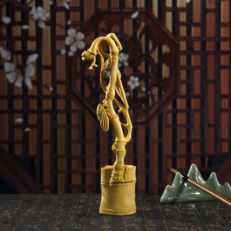 天然木 筆立 ペン立て 置物 柘植 つげ 竹 蝉 木彫り プレゼント