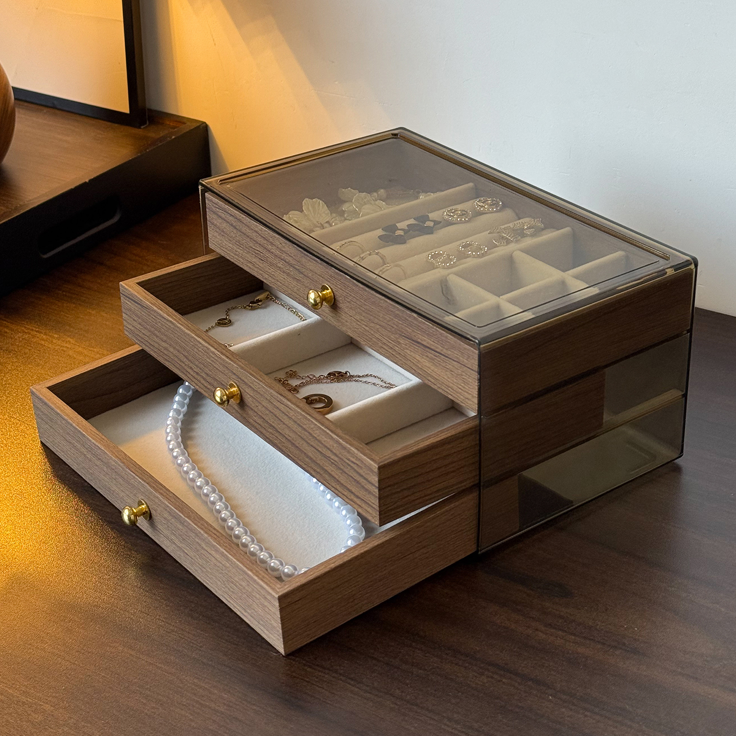 ジュエリーボックス アクセサリーケース 木製 3段 大容量 ウールナット