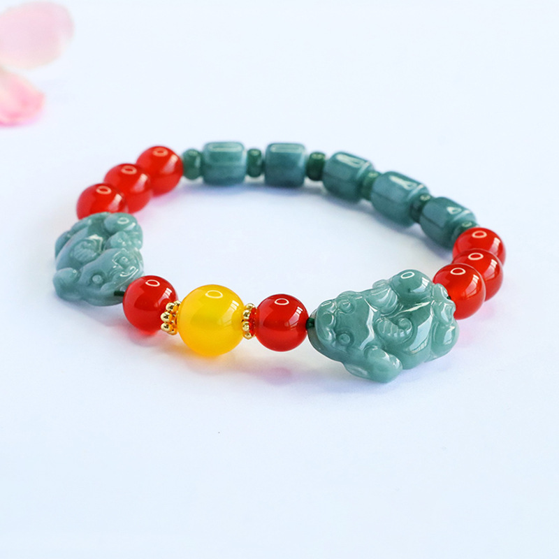 パワーストーン ブレスレット 天然石  本翡翠（ジェイド）貔貅 ヒキュウ 瑪瑙 腕輪ブレスレット 女性用 プレゼント