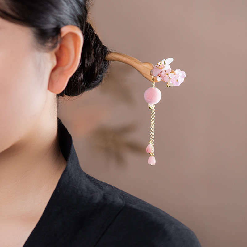 かんざし 桃の木 簪 お花 一本挿し 普段使い 成人式 留袖用　結婚式  