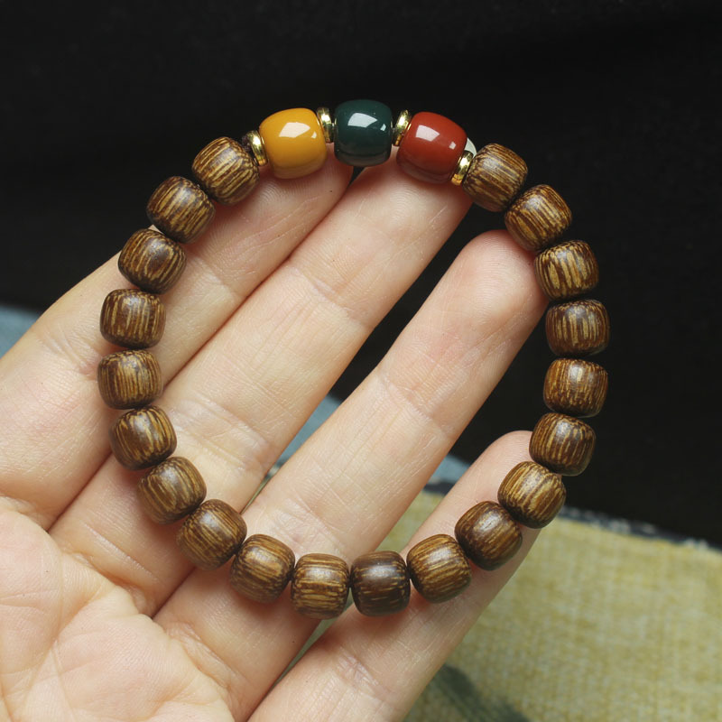 沉香木ブレスレット 老型珠 8mm 赤玉 黄玉 緑石 アガーウッド 天然木 ブレスレット 数珠ブレス  