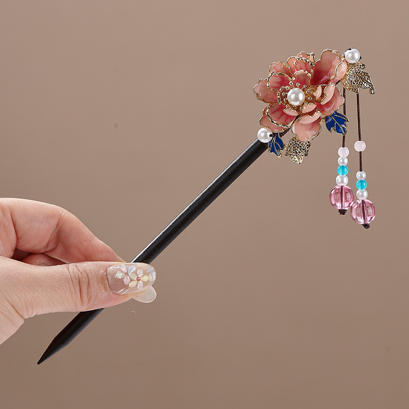 木製かんざし 木簪 七宝焼き 牡丹 かんざし  花飾り 一本差し普段使い 結婚式 