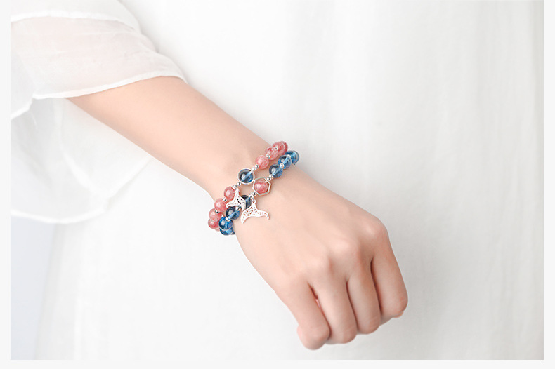 水晶 ブレスレット 天然石 2種類のカラー選べる ブルークリスタル ストロベリークォーツ フィッシュテールブレスレット  