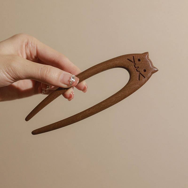 緑檀木 U字 かんざし 猫 モチーフ ネコ ねこ  木簪 かわいい お団子 ヘアピン 二股かんざし マーブル 和装