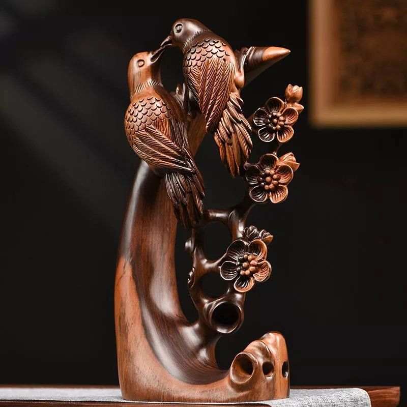 黒檀木彫り カササギ 鵲 置物 縁起物 吉祥 開運 喜び インテリア 玄関飾り 贈り物 木製