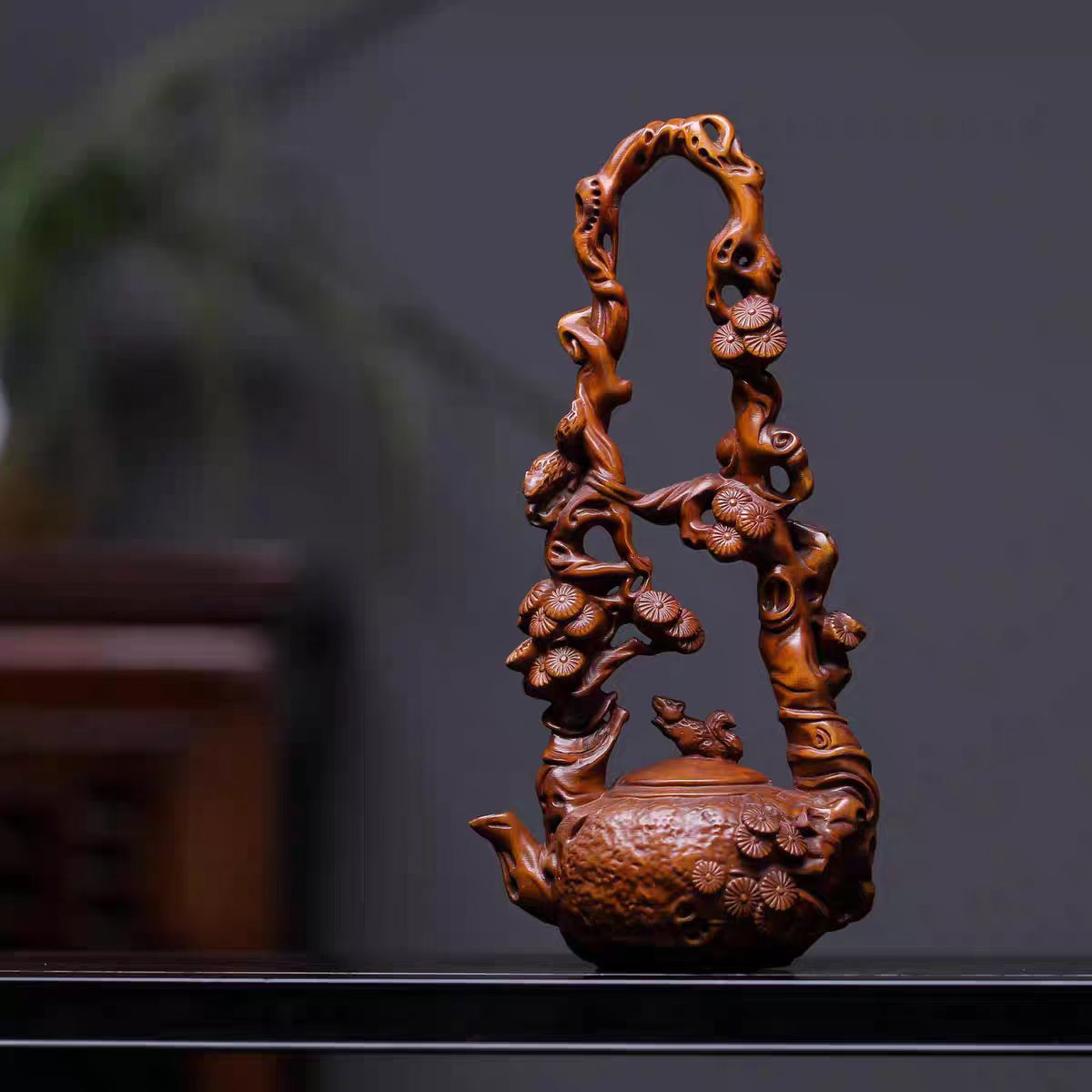 柘植 ツゲ 茶壷 急須 置物 木彫りオブジェ インテリア 小物 高12cm