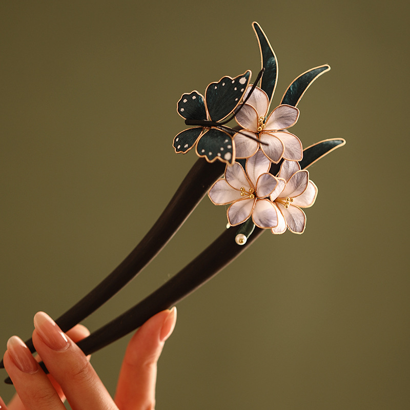 高級感 髪飾り かんざし Uピン 簪  ビロード花 手作り 天然檀木 普段使い 結婚式 浴衣 和装