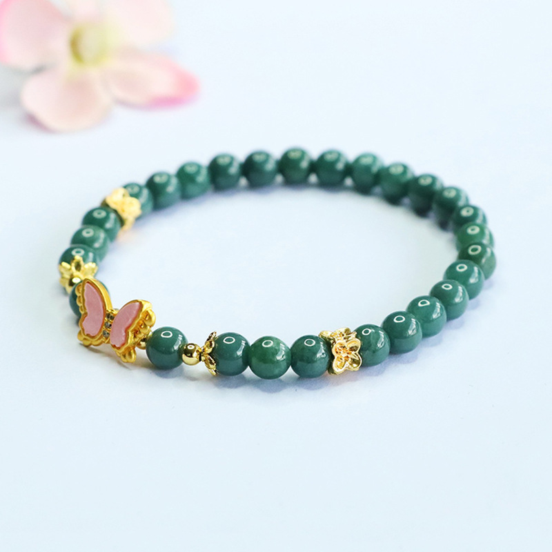 本翡翠ブレスレット ひすい ジェイド 6mm 蝶モチーフ レディース 天然石 ブレスレット パワーストーン 幸運