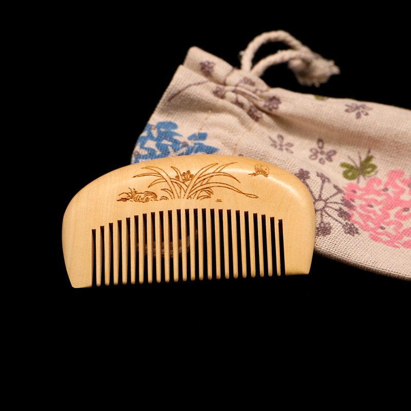 つげ櫛 半月型 持ち運び 袋付き つげぐし 静電気防止