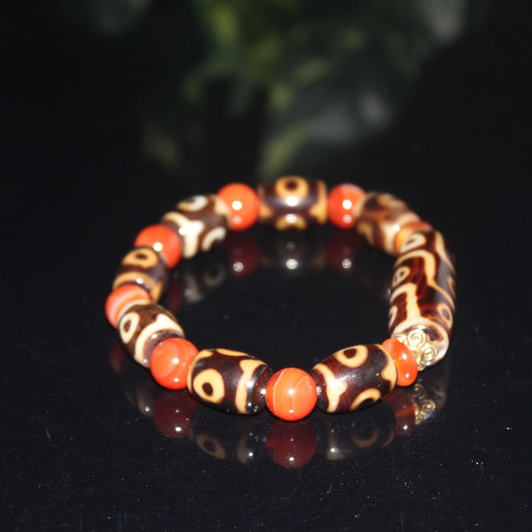 天珠ブレスレット 天然石 パワーストーン  九眼天珠+三眼天珠+瑪瑙(メノウ) ブレスレット  メンズ レディース