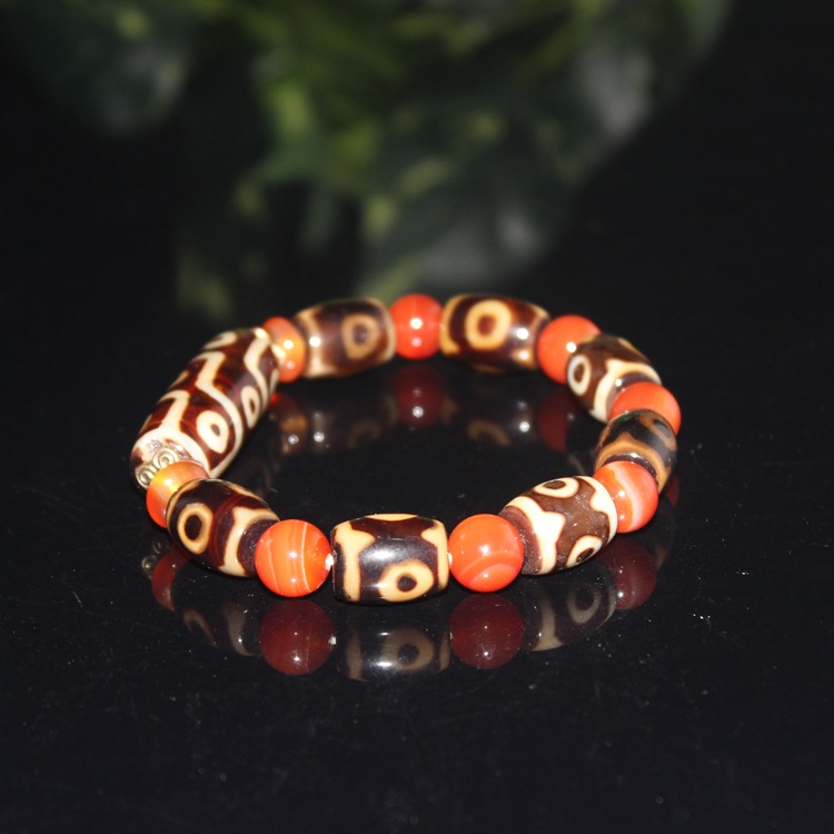 天珠ブレスレット 天然石 パワーストーン  九眼天珠+三眼天珠+瑪瑙(メノウ) ブレスレット  メンズ レディース