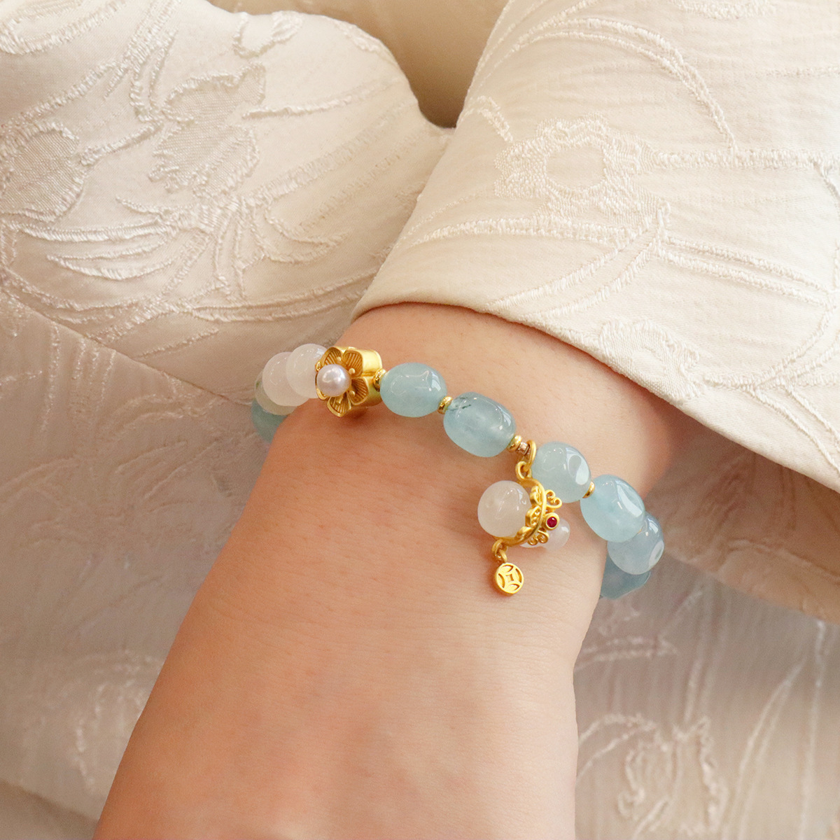 パワーストン ブレスレット アクアマリン 水晶ブレスレット 天然石 白メノウ(瑪瑙)  葫蘆チャーム レディース 誕生日プレゼント 金運アップ