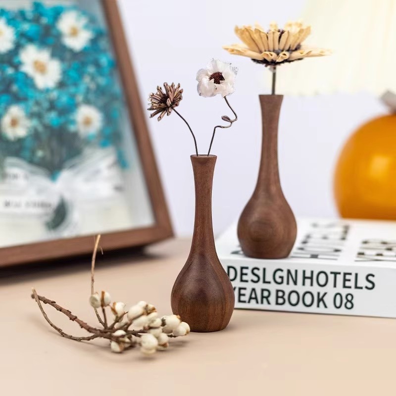 フラワーベース 木製 ドライフラワーベース 一輪挿し 花瓶 小さい ドライフラワー用 天然木 置物 おしゃれ インテリア 花器 