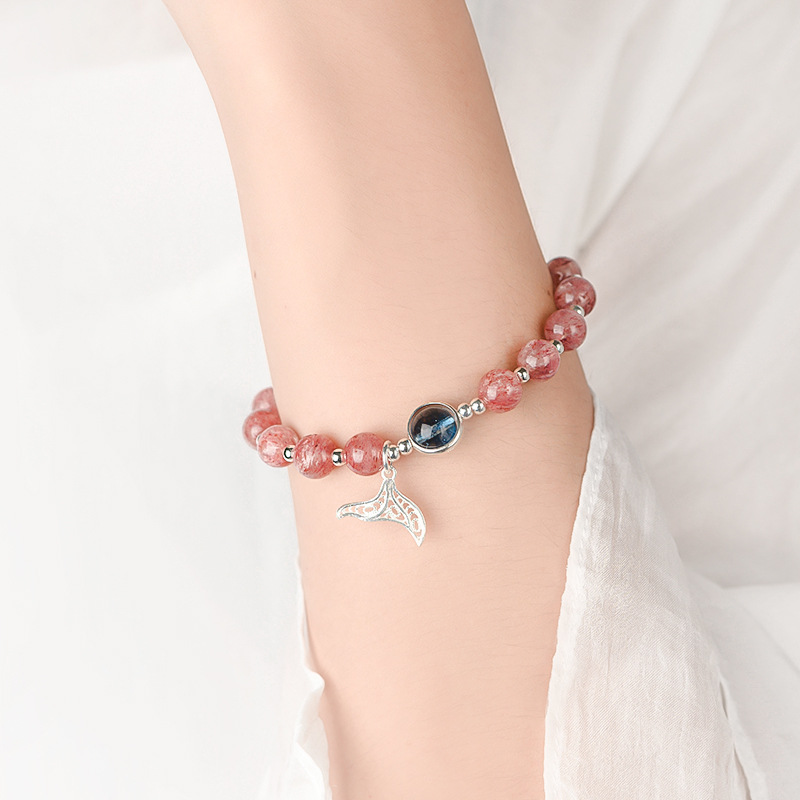 水晶 ブレスレット 天然石 2種類のカラー選べる ブルークリスタル ストロベリークォーツ フィッシュテールブレスレット  