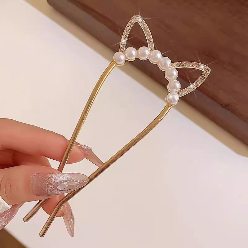 髪飾り成人式 パール  U型かんざし 簪  猫耳 結婚式 卒業式 留袖 夜会巻き ヘアピン おしゃれ かわいい