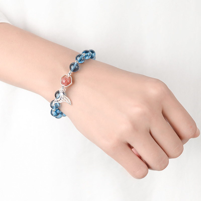 水晶 ブレスレット 天然石 2種類のカラー選べる ブルークリスタル ストロベリークォーツ フィッシュテールブレスレット  