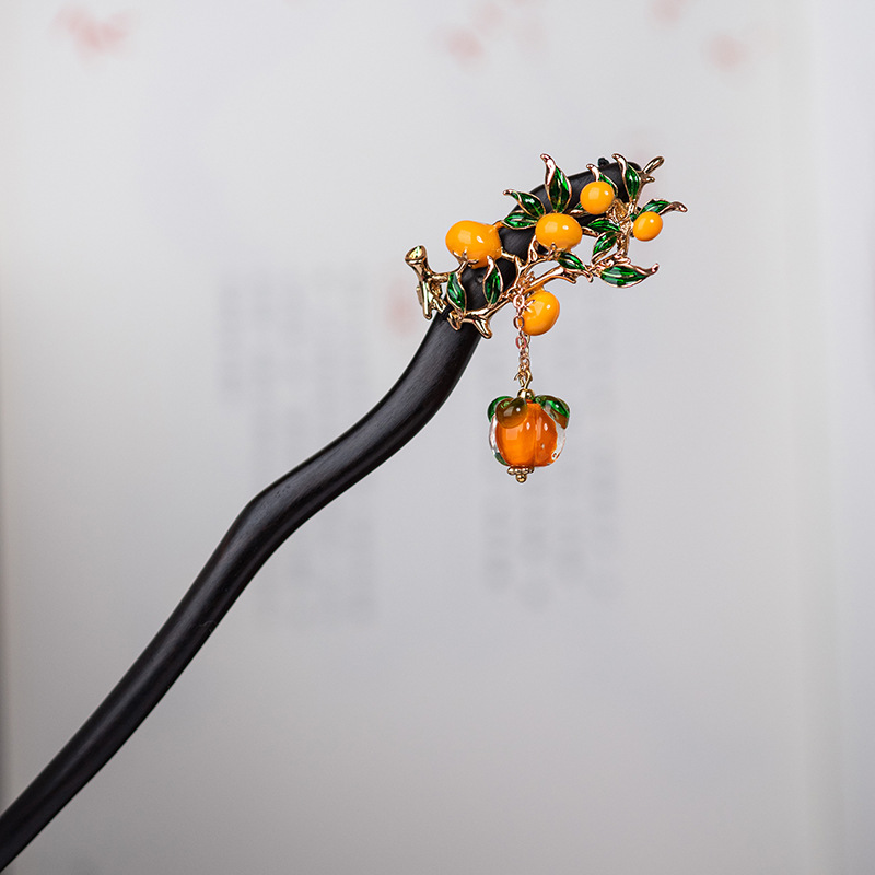 黒檀木 かんざし 簪 天然木 琉璃の柿 一本 レディース 髪飾り 普段使い 和風