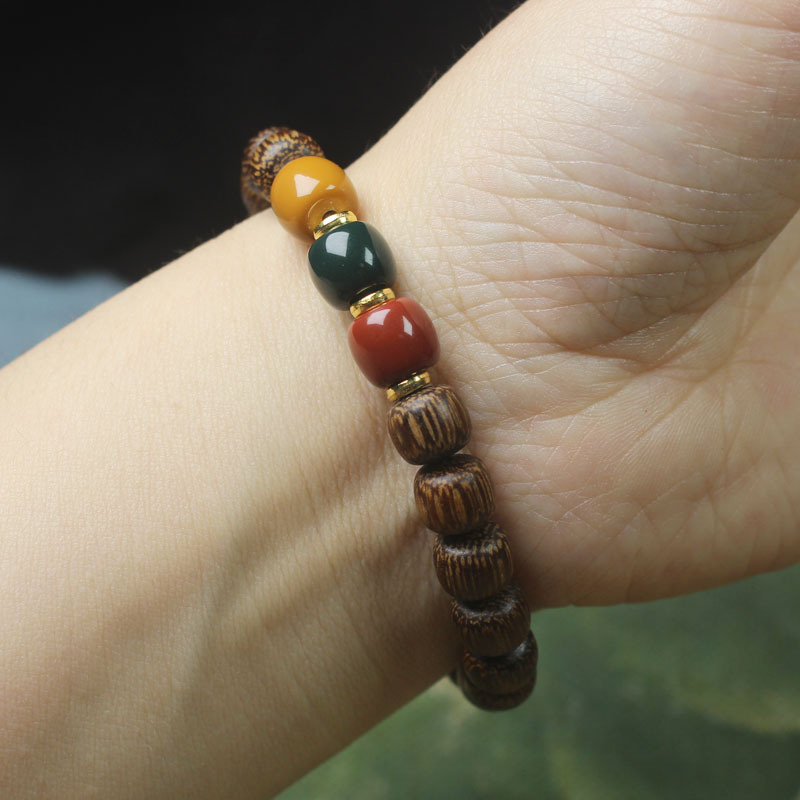 沉香木ブレスレット 老型珠 8mm 赤玉 黄玉 緑石 アガーウッド 天然木 ブレスレット 数珠ブレス  