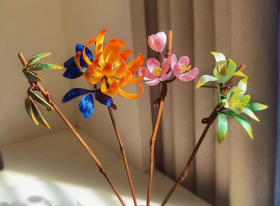 かんざし 天然竹 簪 絨花 梅 蘭 竹 菊 和風 ヘアアクセサリー 成人式 七五三 卒業式 入学式 