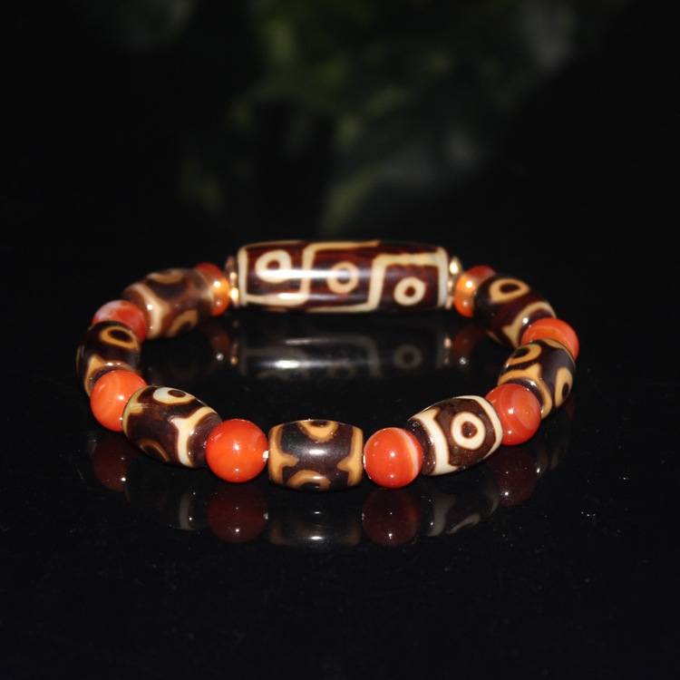 天珠ブレスレット 天然石 パワーストーン  九眼天珠+三眼天珠+瑪瑙(メノウ) ブレスレット  メンズ レディース