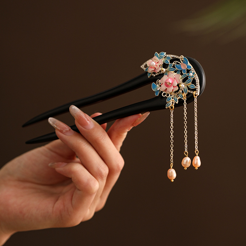 黒檀 U型かんざし 天然木  牡丹 淡水パール  Uピン 簪 和装 着物 成人式 結婚式 ヘアアクセサリー