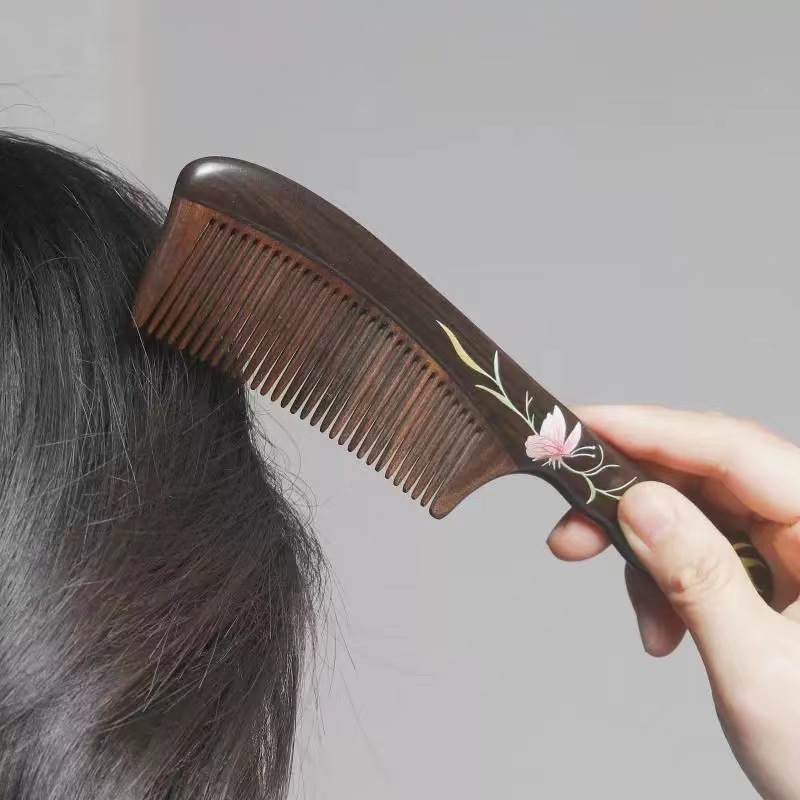 黑檀木櫛 桃の花 漆塗り櫛  彩絵  コーム  ヘアブラシ 男女兼用 沈貴宝 花柄 和風 頭皮マッサージ 静電気防止