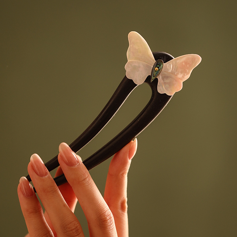 かんざし 簪 U字型 檀木  貝殻の蝶 レディース 和装小物 普段使い 和風